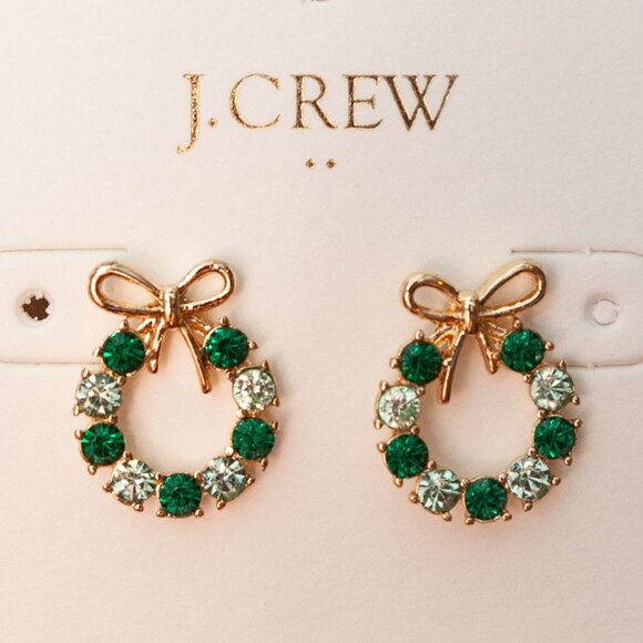 NWT J. Crew Winter Wreath Post Earrings in Crystal and Emerald - Picture 1 of 9